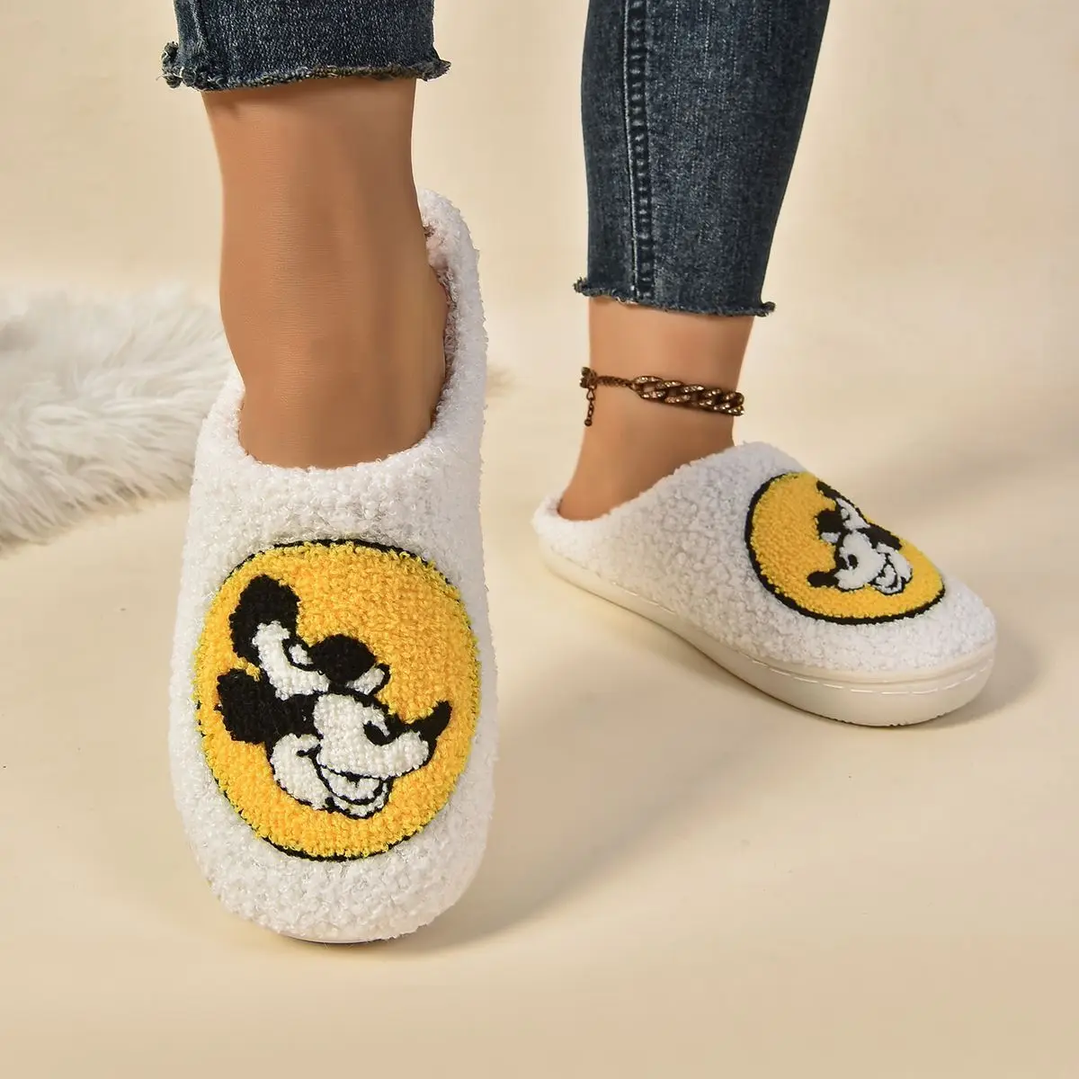 New Couple Style Cold Resistant Warm Casual Slippers, Cute Cartoon Mickey Mouse Home Anti Slip And Plush Slippers Shoes