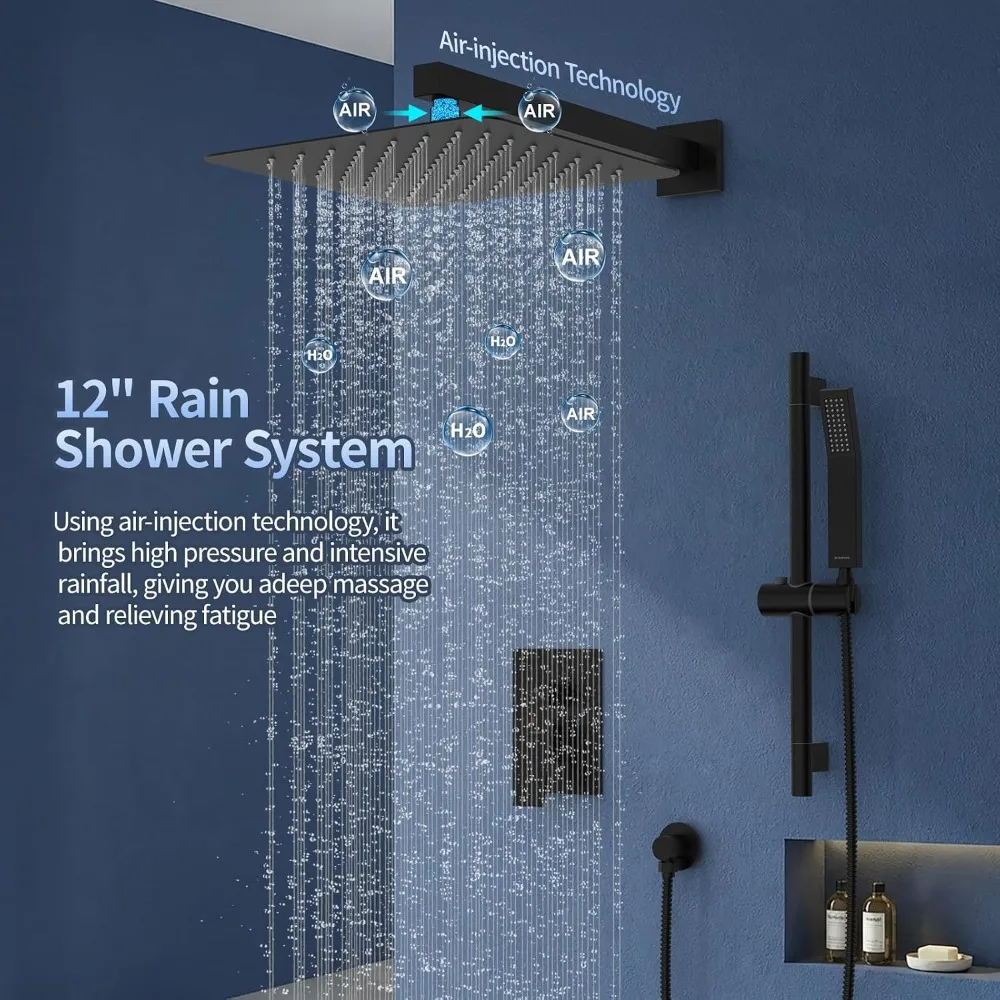 12 Inch Slide Bar Shower Faucet High Pressure Rain Shower Head & Handheld Combo Set Wall Mounted Shower System with Valve Trim, Matte Black view 2