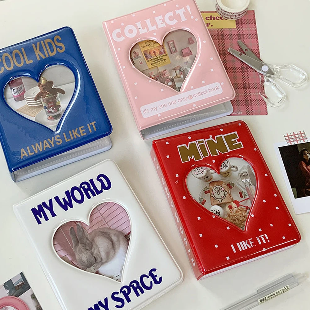 Mini Photo Album Heart Hollow Card Binder Photo Cartoon Album Kpop Photo Card Holder with Pendant 64 Pockets