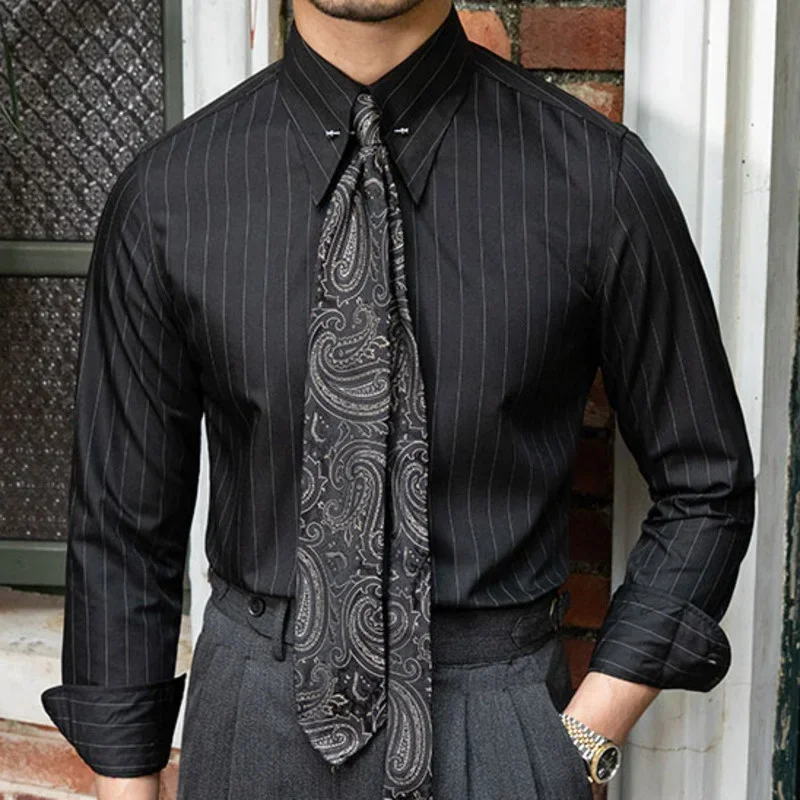

Деловая повседневная классическая рубашка, мужская рубашка Camisa Social Masculina, манга Longa, мужская одежда, осень 2023, корейская мужская рубашка в полоску с принтом