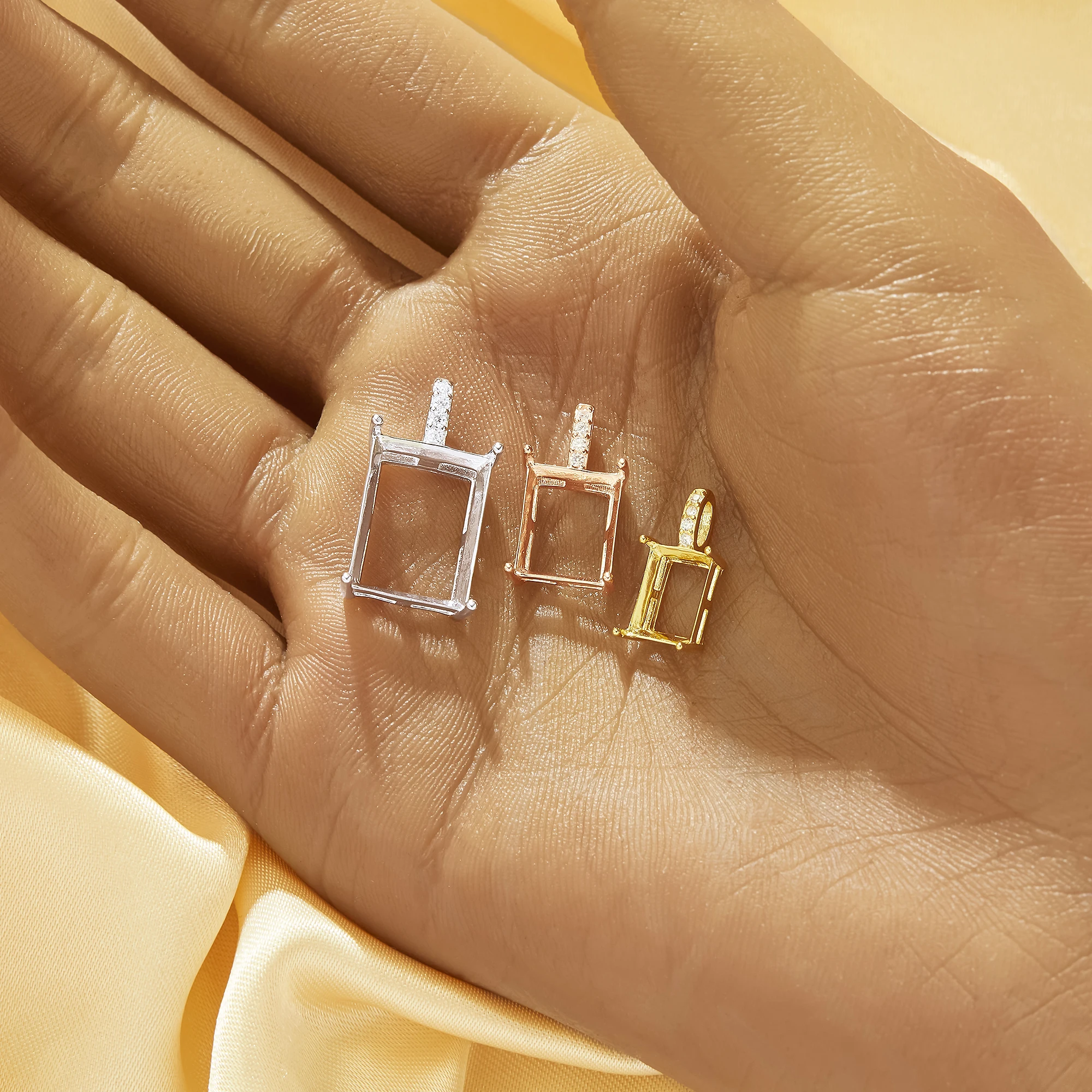 Rectangle Prong Pendant Bezel Settings,Solid 925 Sterling Silver Rose Gold Plated Pendant Charm,Simple Rectangle Pendant 1431592