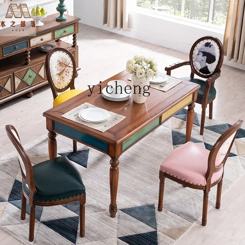 TQH6.4  solid wood retro dining table and chair combination rectangular eating table home dining table and chair set