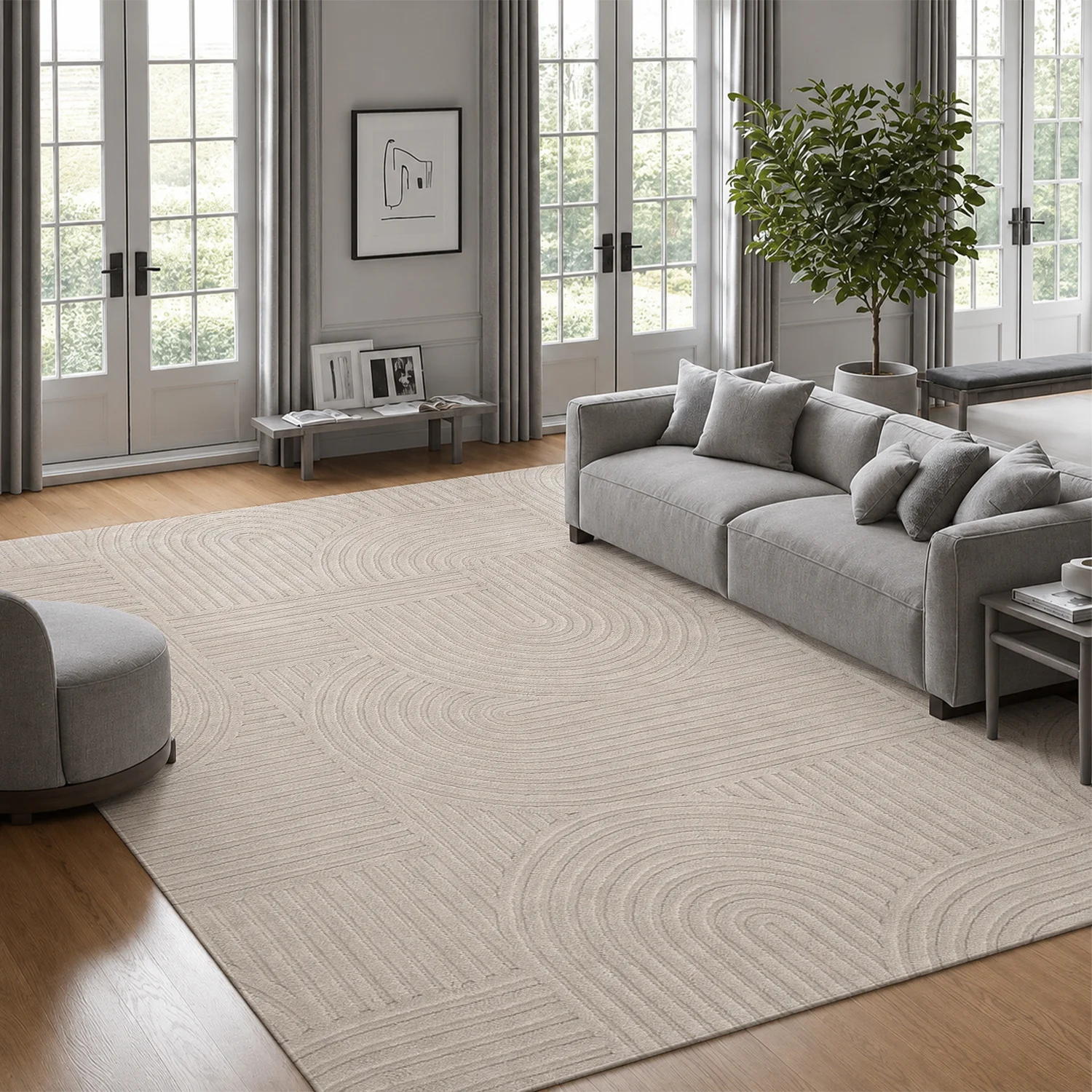 Large Indoor Area Rug, Soft Velvet Low Pile with Non-slip Dotted Backing, Machine Washable Modern Neutral Geometric Arch Pattern Floor Rug for Living Room, Bedroom, Casual Home Spaces