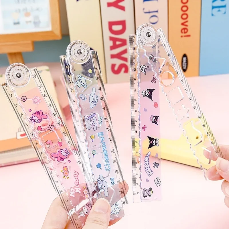 Sanrio Ruler Anime My Melody Hello Kitty Kuromi Cinnamoroll Folding Rotary Ruler Straight Rulers Student Stationery Gift 30Cm