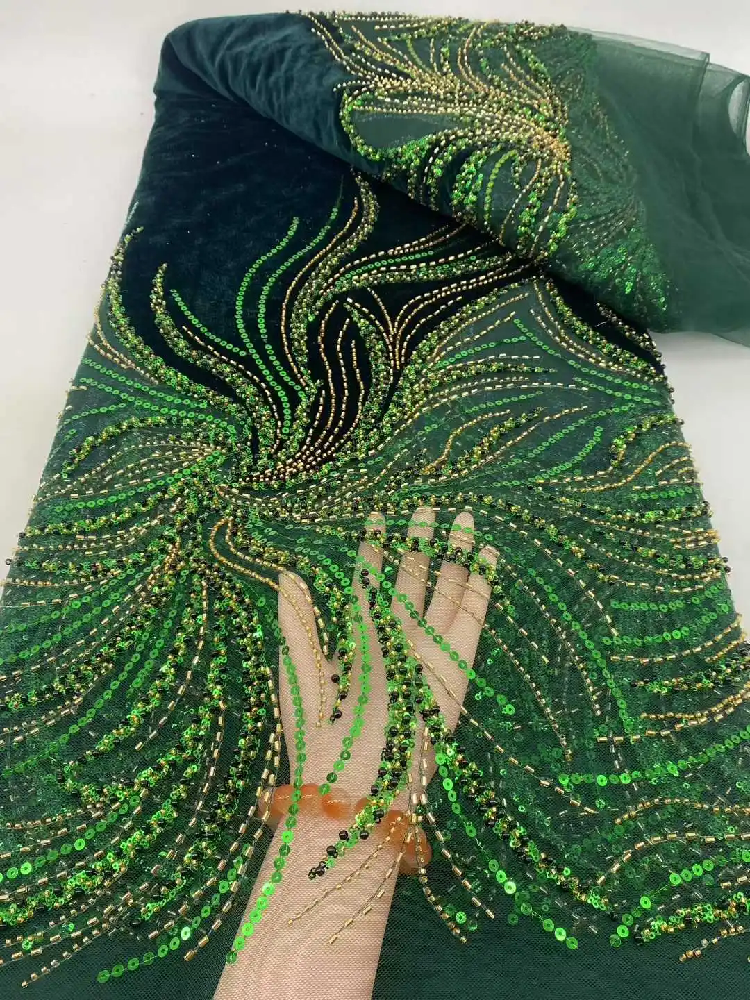 

Нигерийская бархатная кружевная ткань с блестками, африканский тюль, сетчатое кружево ручной работы с бисером для вечерних платьев, высокое качество, 2025 г.