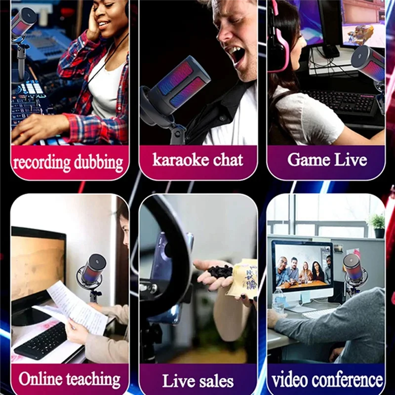 USB コンデンサーメタルマイクプロフェッショナル録音ストリーミング RGB ライトデスクトップポッドキャストマイク、使いやすく耐久性
