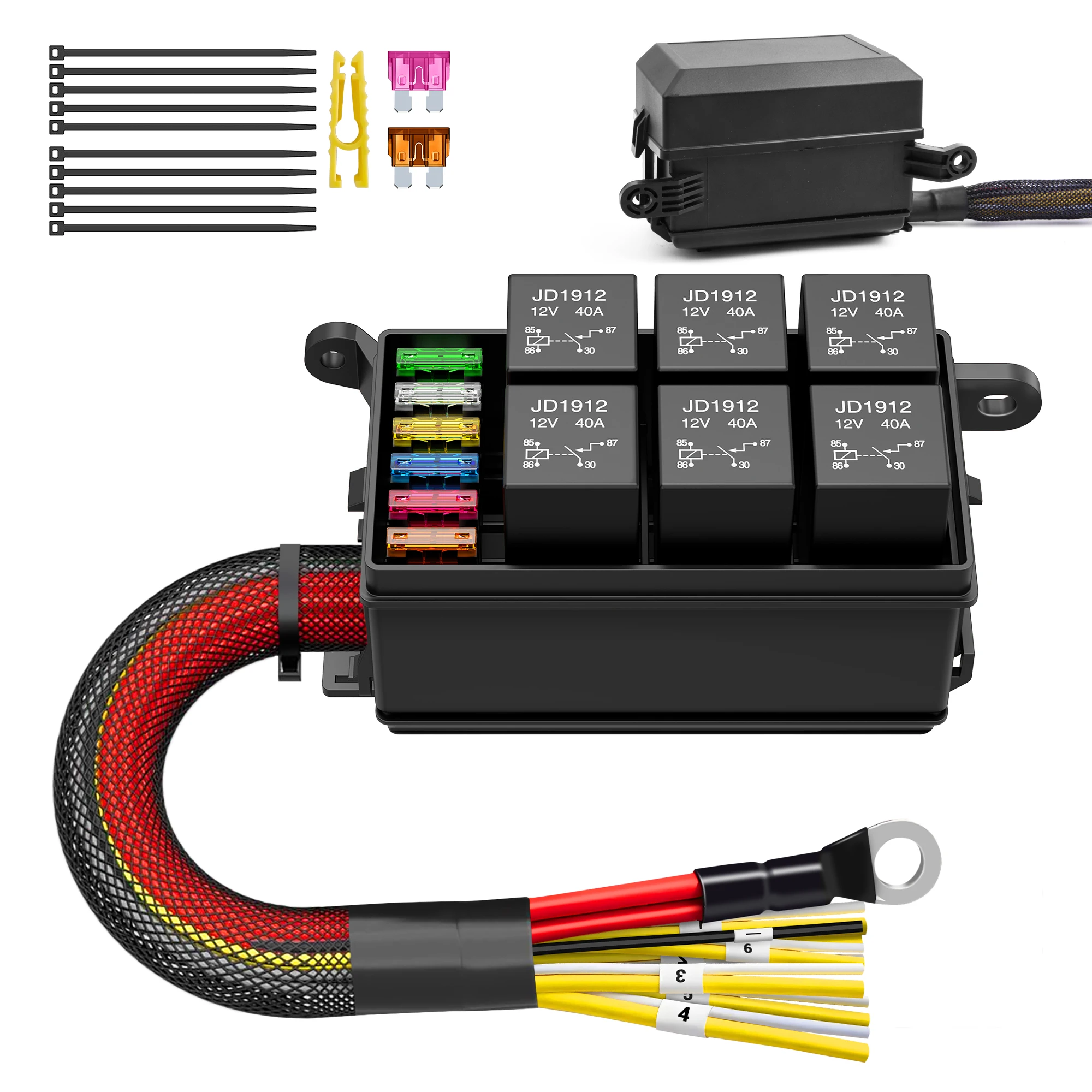 MICTUNING 12V Fuse Relay Box,6 Way Pre-Wired 4-Pin 40A Relays,ATC/ATO Fuse Relay Block Universal Relay Panel for Car Marine Boat