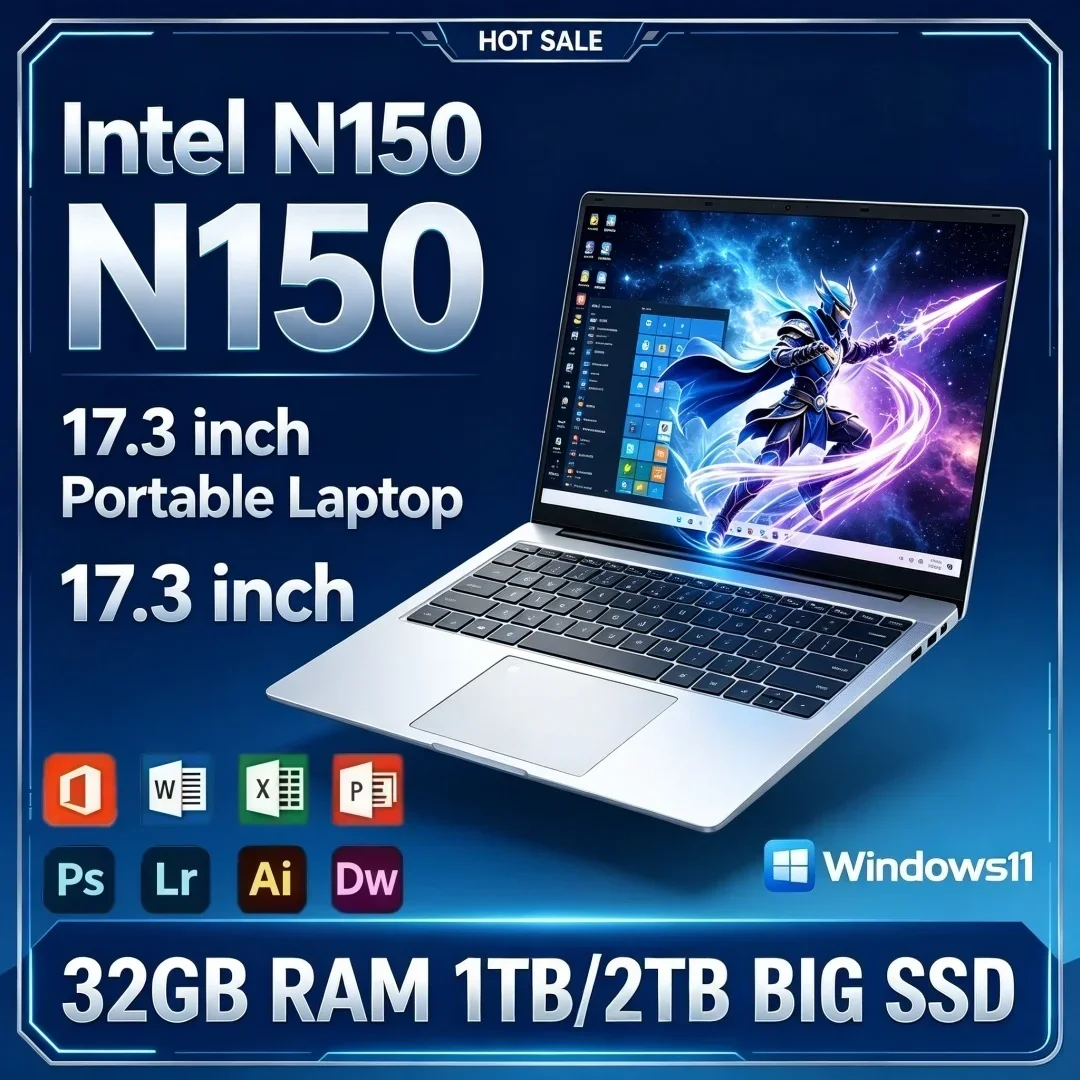 15.6 Inch Stylish Ultra-thin Laptop 2026 Intel N150 Portable Laptop 16GB/32GB RAM Windows11 1/2TB Large SSD