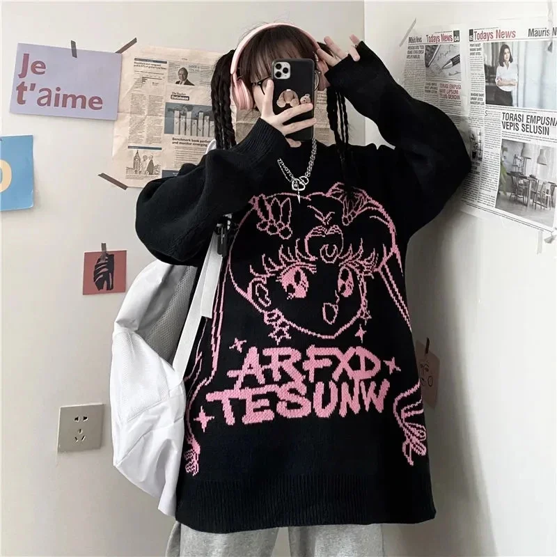 QNPQYX Gothic Streetwear Anime Print Knitted Sweater Women Harajuku Punk Hip Hop O-neck Oversize Long Sleeve Jumper Kawaii Top