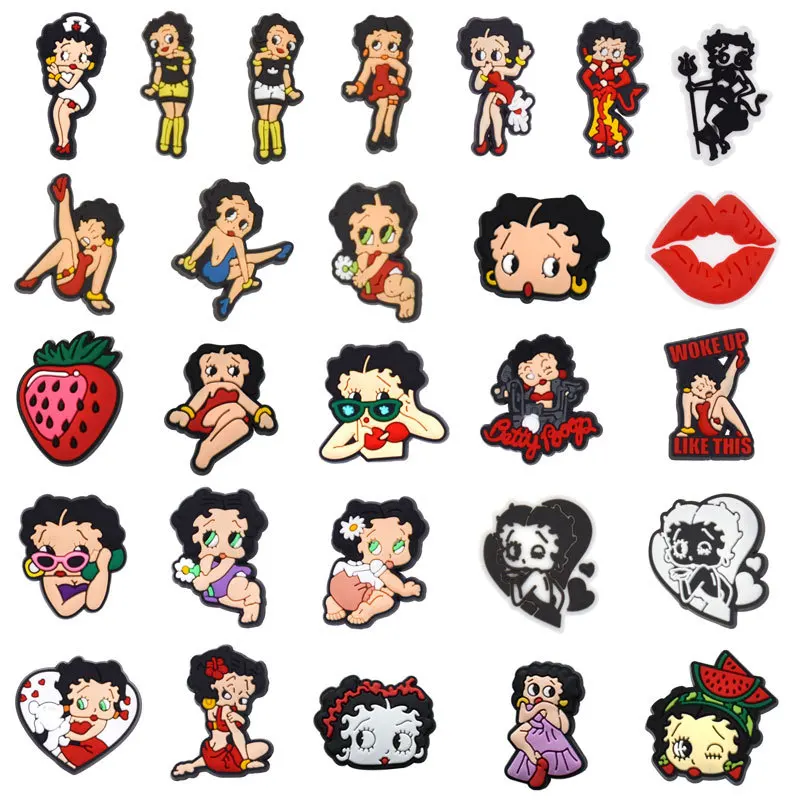New Classic Vintage Female Cartoon Character Clog Shoe Charms Retro Style Lightweight Removable PVC Shoe Ornaments Pack