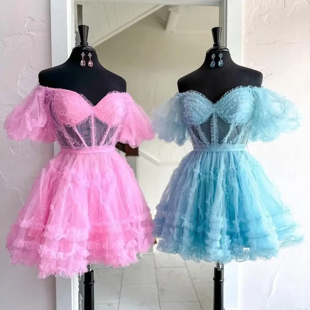 Tulle Off-the-shoulder Sweetheart Tiered Homecoming Dresses for Teens Short Sleeves Sheer Corset Prom Gowns A-line Cocktail Gown