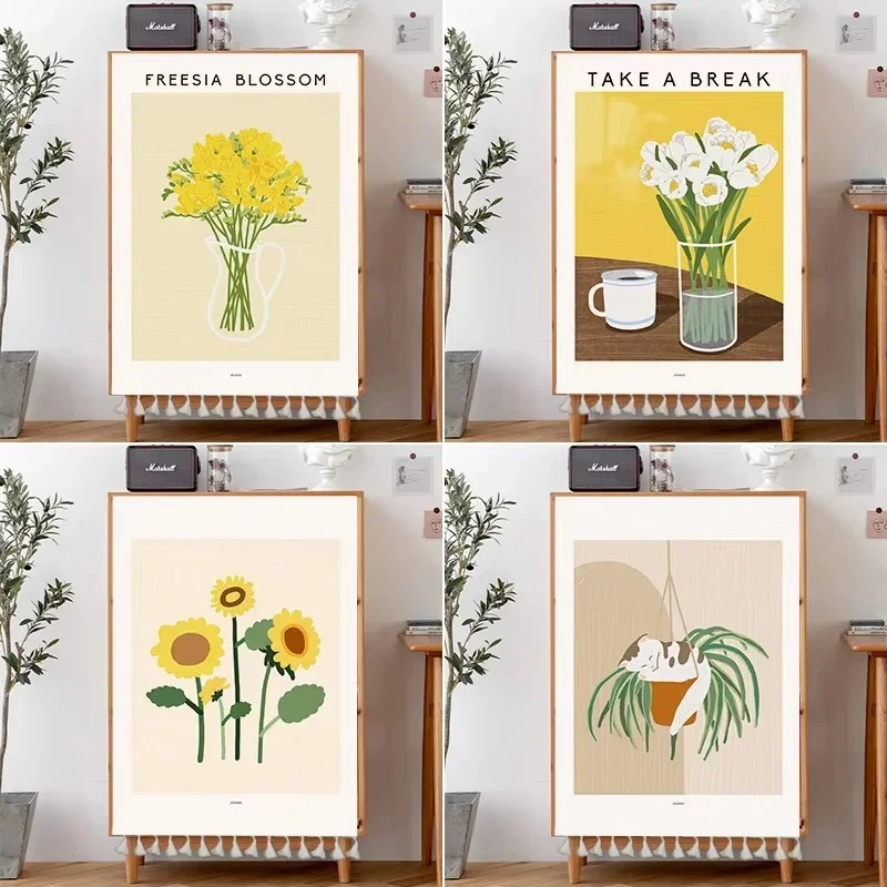 VIKAMA Watercolor Sunflower Cabinet Curtain Inspirational Text Print Tassel Fabric Dust‑proof Curtain Home Decor