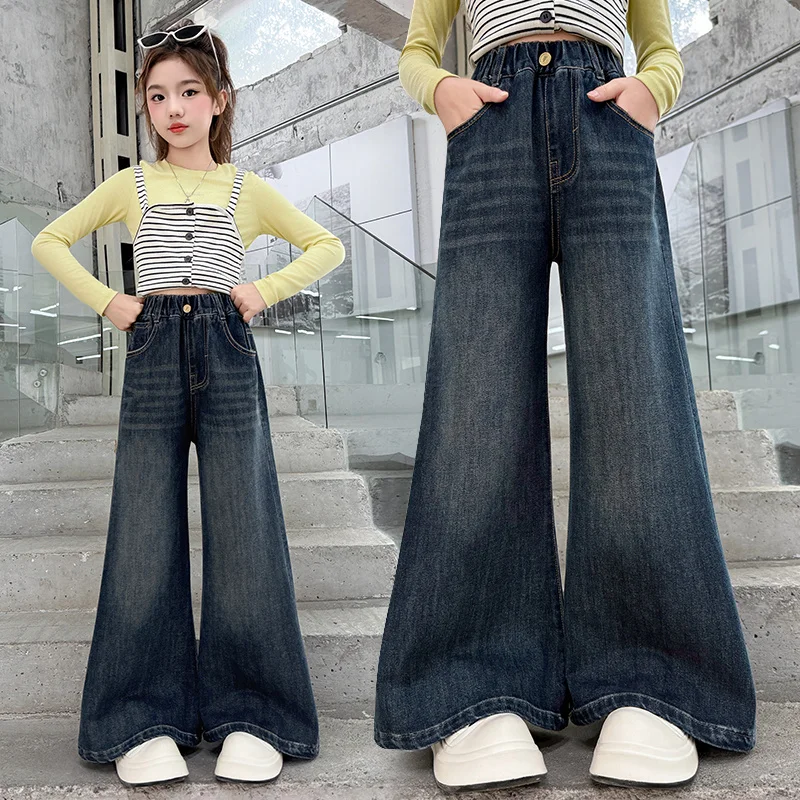 

Широкие джинсовые брюки для девочек, расклешенные джинсовые длинные брюки для девочек от 7 до 14 лет, свободные джинсовые брюки для девочек, повседневные, вечерние