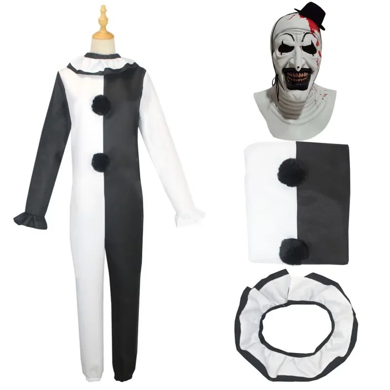 Clown Joker Cosplay Kostüm Maske Terrifier Overall Frauen Männer Halloween Horror Schwarz Weiß Body TV Kunst Der Clown Kleidung Set