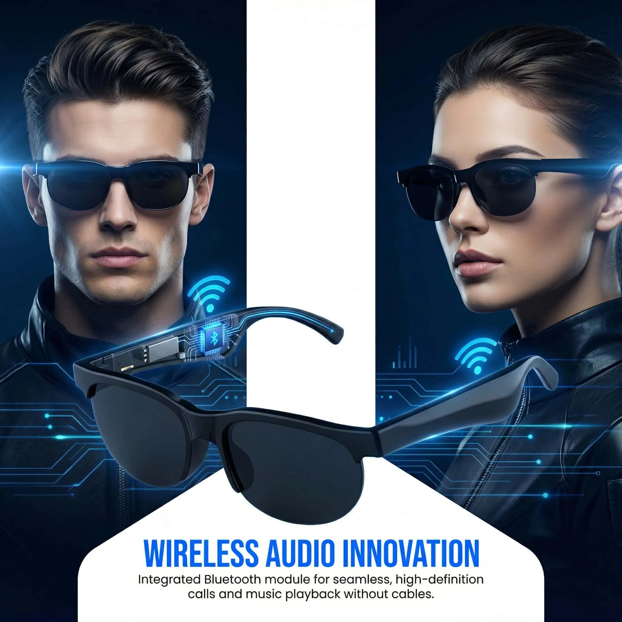 

Умные беспроводные Bluetooth-очки, многофункциональные, для прослушивания музыки, совершения телефонных звонков, занятий спортом и вождения.