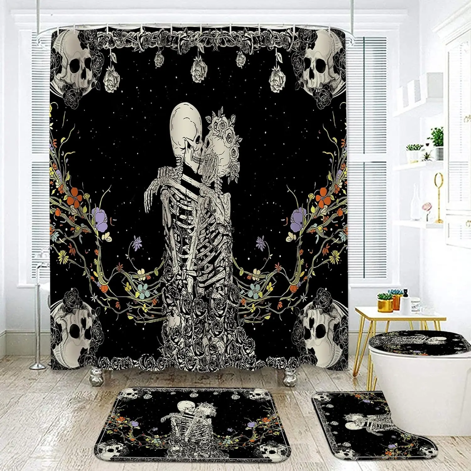 Halloween Decorations Shower Curtain Set with Non-Slip Rugs and Bath Mats,4Pcs Skull Black and White Skeleton Couple with Floral