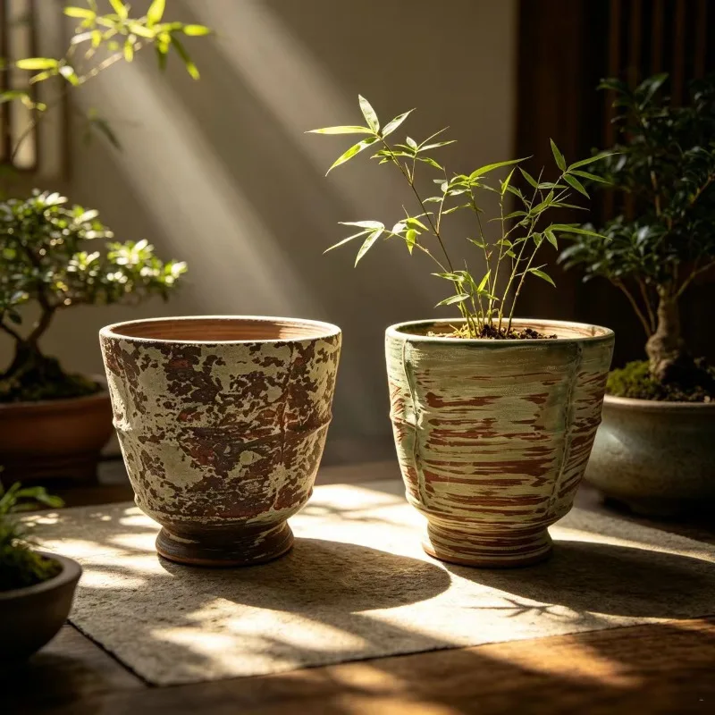 1PC Ceramic Flower Pot High Temperature Fired Wabi Sabi Vintage Distressed Planter For Succulent Green Plant Desktop Zen
