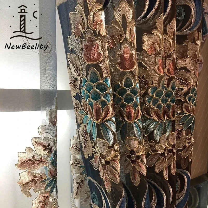 Cortinas de estilo europeo para sala de estar, dormitorio, comedor, chenilla, lujo, soluble en agua, bordado, flor, tul, Villa, tamaño personalizado
