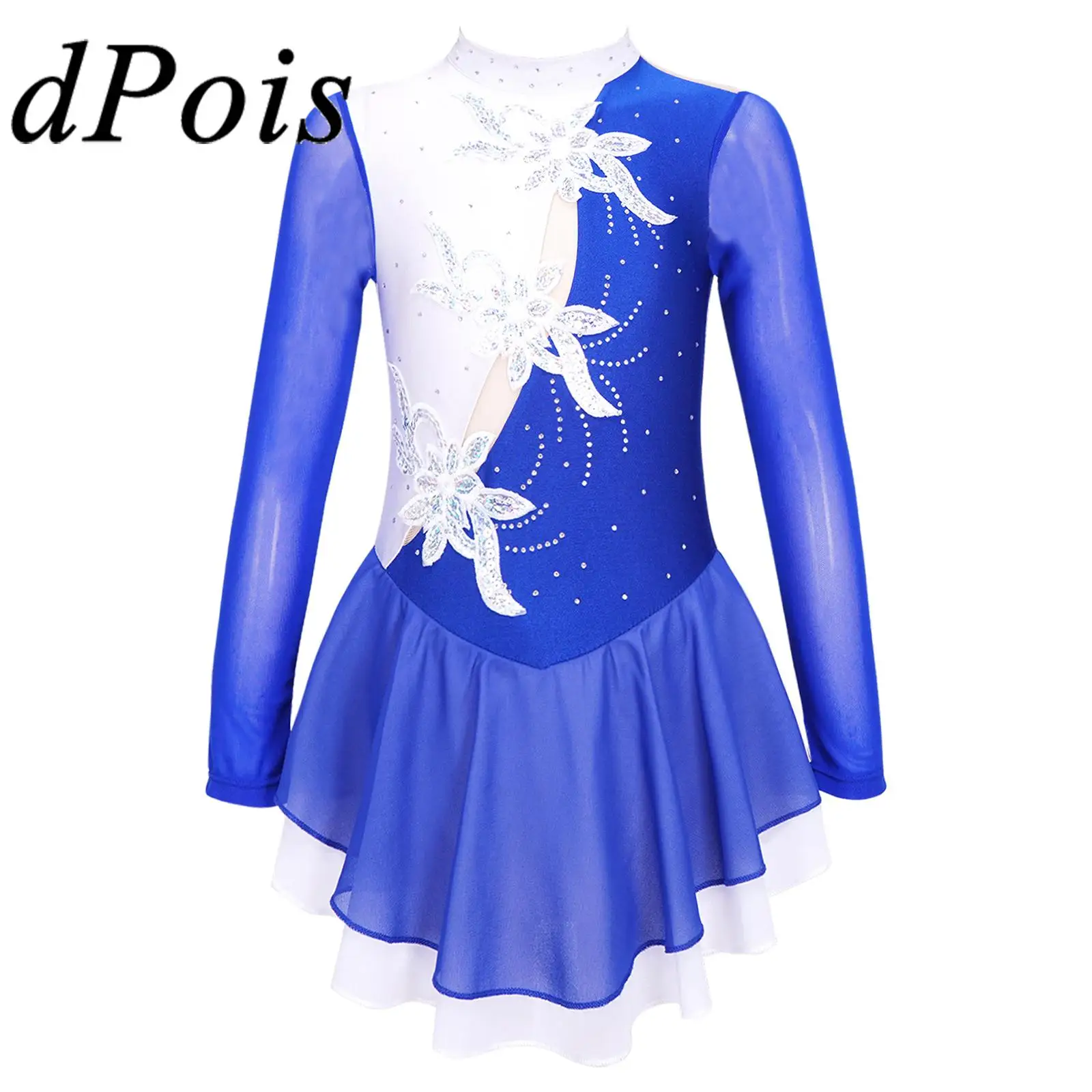 

Kids Girls Long Sleeve Shiny Rhinestone Sequins Floral Figure Ice Skating Dress Ballroom Competition Stage Performance Costume