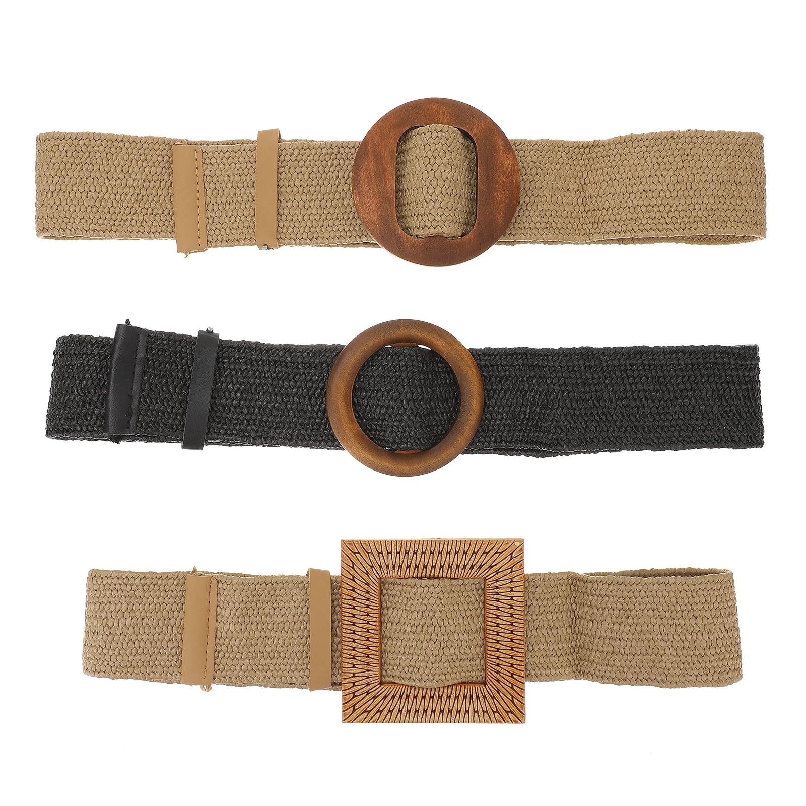 

3pcs Round Buckle Belts Women Elastic Wide Braided Boho Black Beige Khaki Fashion Casual Belt for Dress Jeans Pants
