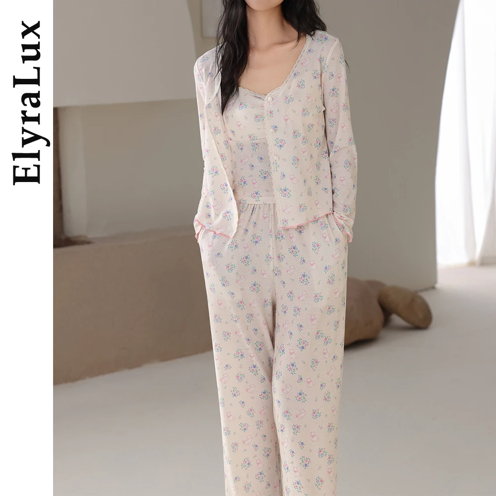 

ElyraLux Women’s 3-Piece Floral Pajama Set with Cami, Cardigan and Long Pants Soft Lightweight Sleepwear Home Lounge Outfit