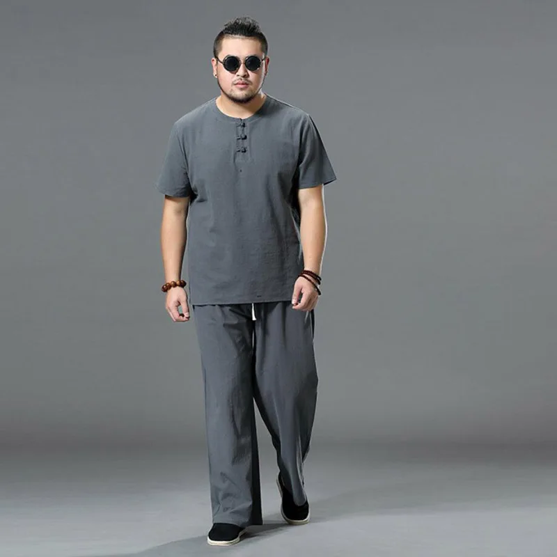 8xl 9xl Men\'s Clothing Vintage Tracksuit Husband 2022 Summer Gray Home Suit Cotton Linen T Shirt Male Set Chinese Large size 52