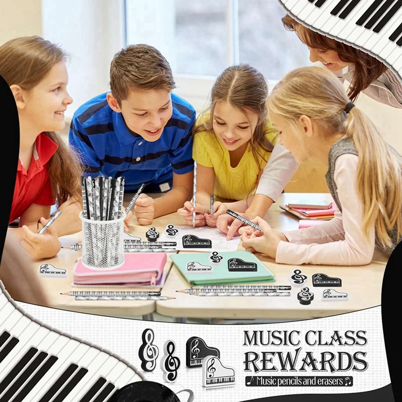 Music Pencils Music Note Pencil With Music Themed Erasers Wood Pencils Bulk Keyboard Fun Pencils Erasers Gift (96 Pcs)