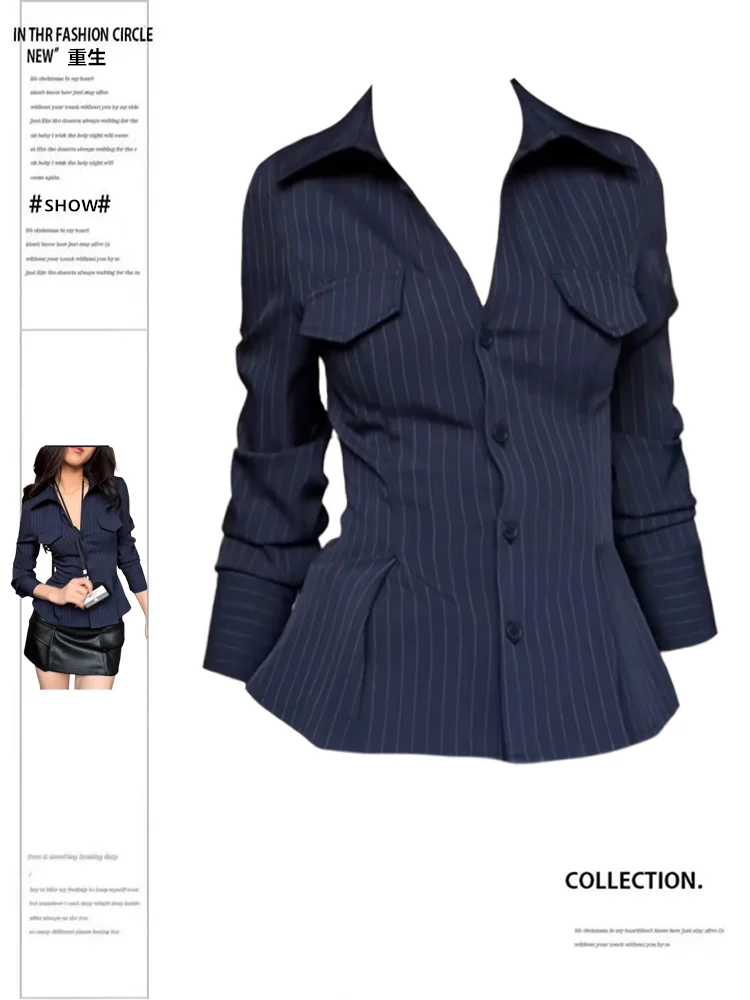 

Women Striped Shirts Blouses Vintage Harajuku 90s Aesthetic Y2k 2000s Elegant Polo-Neck Long Sleeve Shirts 2000s Clothes Autumn