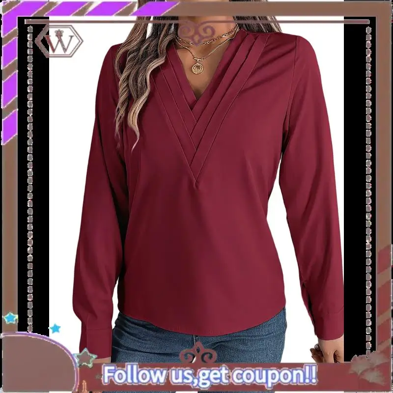 

A95D-Women's Blouses Dressy Casual Triple V Neck Long Sleeve Blouse Business Work Tops