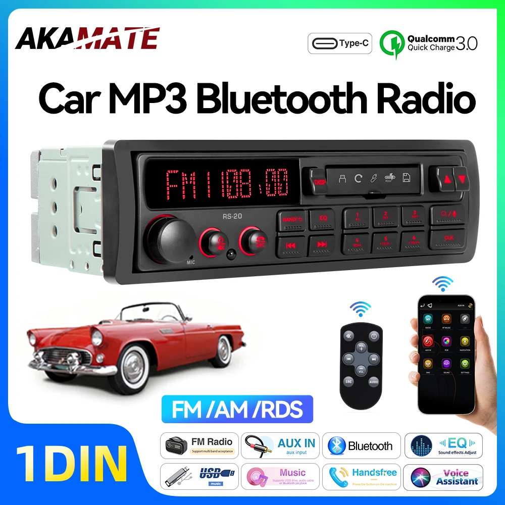 1Din Car Radio MP3 Player Bluetooth USB AUX FM AM RDS EQ Classic Multimedia Stereo For Porsche Mercedes BMW Audi Alfa Land Rover