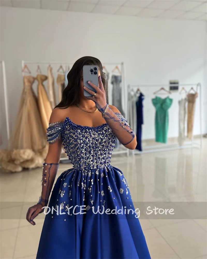 Luxury Royal Blue Evening Dresses With Two Gloves Pearls Beading Crystals Pleats فساتين طويلة Formal Prom Party Gowns Customized