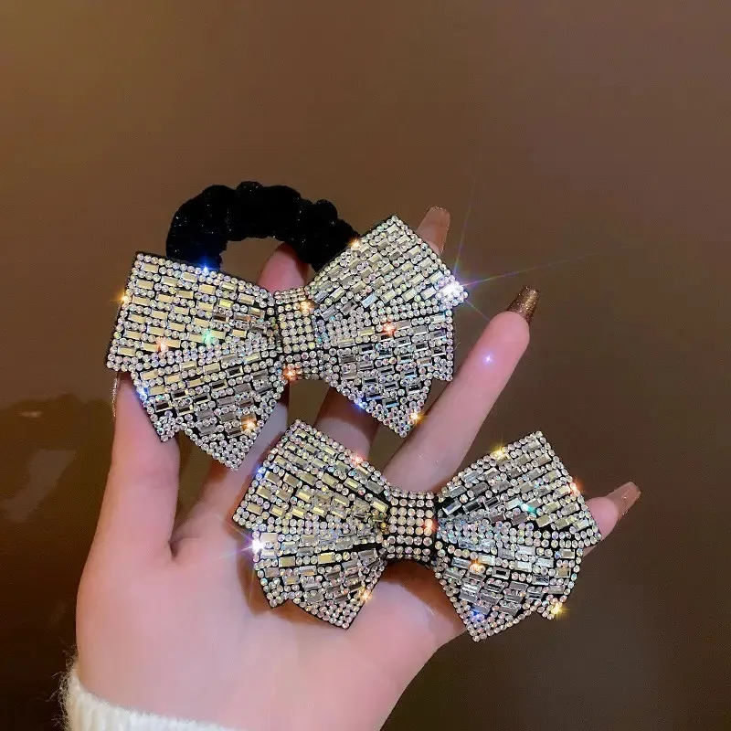 Shiny and sparkling rhinestone hair accessories - bow hair clips and elastic tie sets - fashionable daily wear for womenandgirls