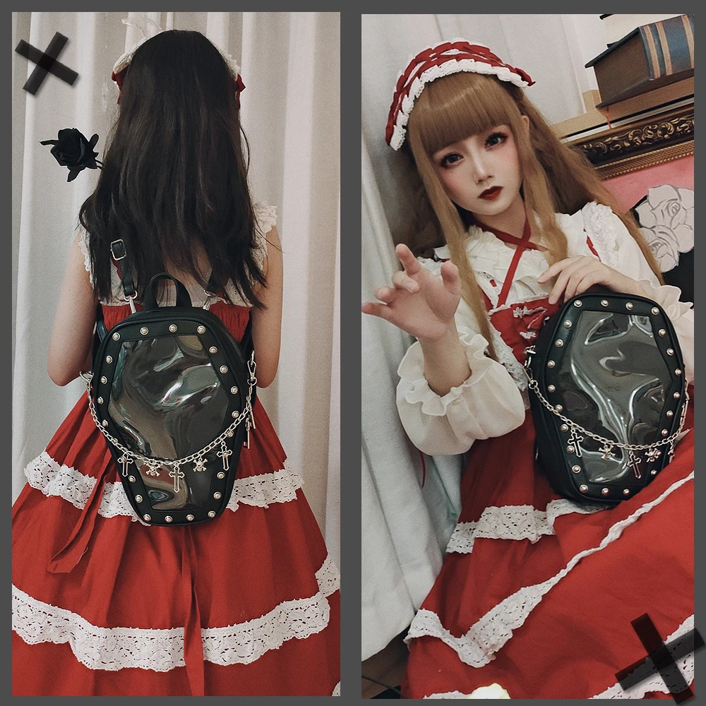 Gothic Punk Sargform Ita Tasche Damen Klare Rucksäcke Dark Lolita Handtasche und Umhängetasche Mädchen Cosplay Designer 2-Einsatz – Detail 7