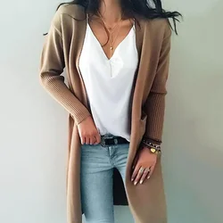 Women Loose Knitted Cardigan Sweaters Elegant Autumn Winter Work Mom Y2k Pockets V Neck Mid Length Oversized Coat Jumpers