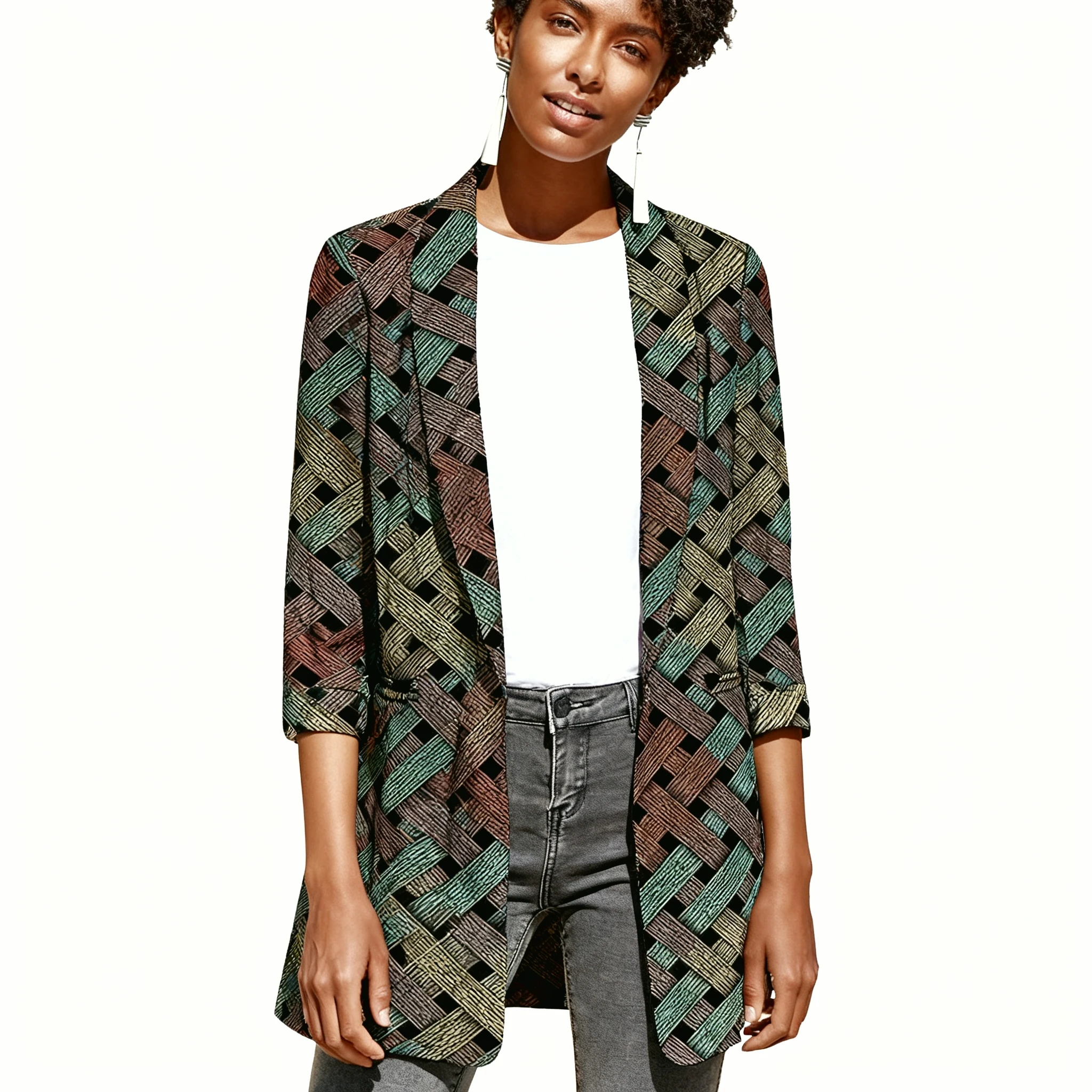 

Elegant Women's Ankara Blazer African Couture 3/4 Sleeve Shawl Collar Long Jacket Abstract Printed Outerwear