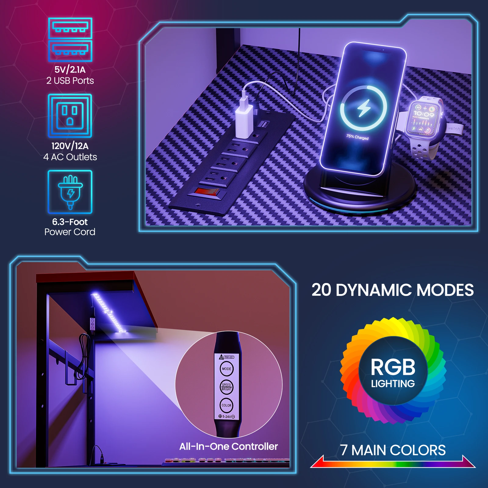 Computer desksGaming Desk with Power Outlets and LED Lighting 44 Inch Computer Desk with Hooks for Home Office Multi Functional