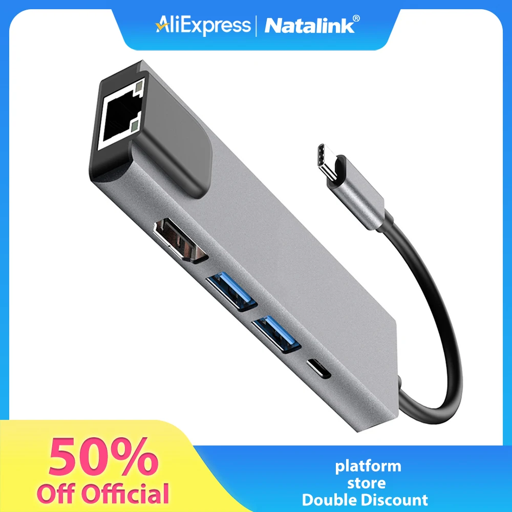 

Natalink USB C Hub 5in1 Multiport Adapter with HDMI 4K, LAN RJ45 Ethernet, 2USB 3.0, Quick Charge PD 100W for MacBook Pro/Air M1