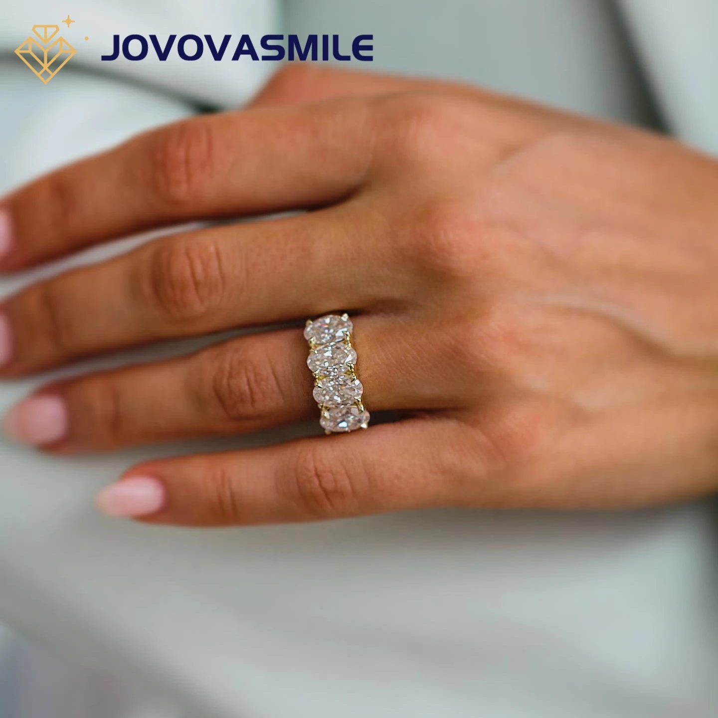 JOVOVASMILE 8.5X5.5M Crushed Ice Hybrid Oval Cut 1 Carat Each Eternity Band Moissanite 14K Yellow Gold Anniversary Bands