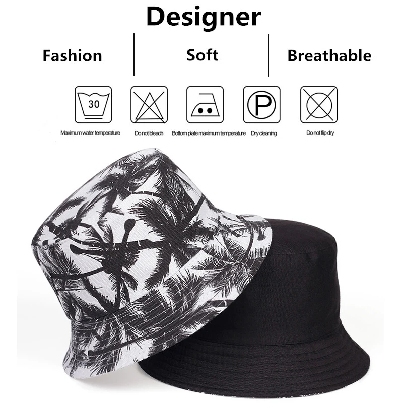 Unisex Tropical Coconut Tree Print Personality Bucket Hats Fishermen Caps Outdoor Casual Cap Sunscreen Hat