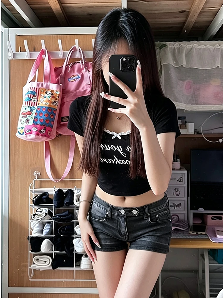 Vintage ground white striped printed denim shorts, women's low waist double button slim short denim hot pants