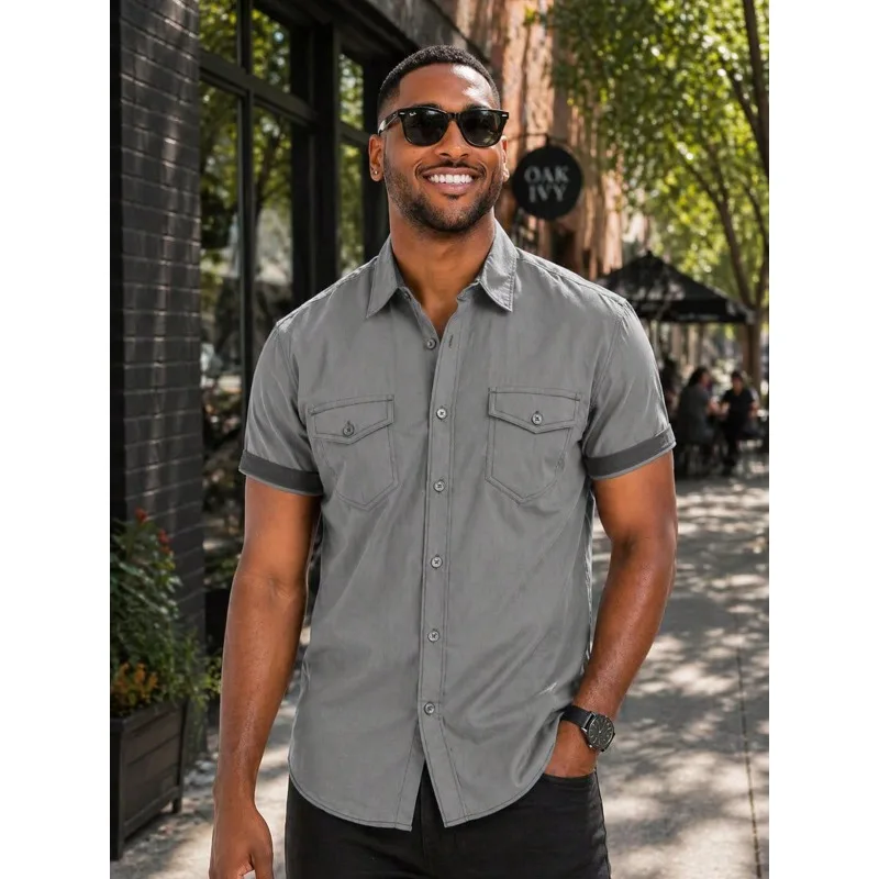 

2026 QualityMens Short Sleeve Western Two Pocket Button Up Shirt