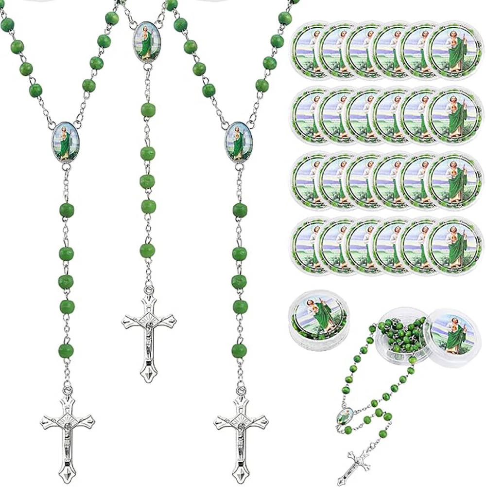 12 Uds. Collar de Rosario verde perfumado, recuerdos de fiesta de bautismo de San Jude, regalo católico con caja, collar de cuentas de Rosario
