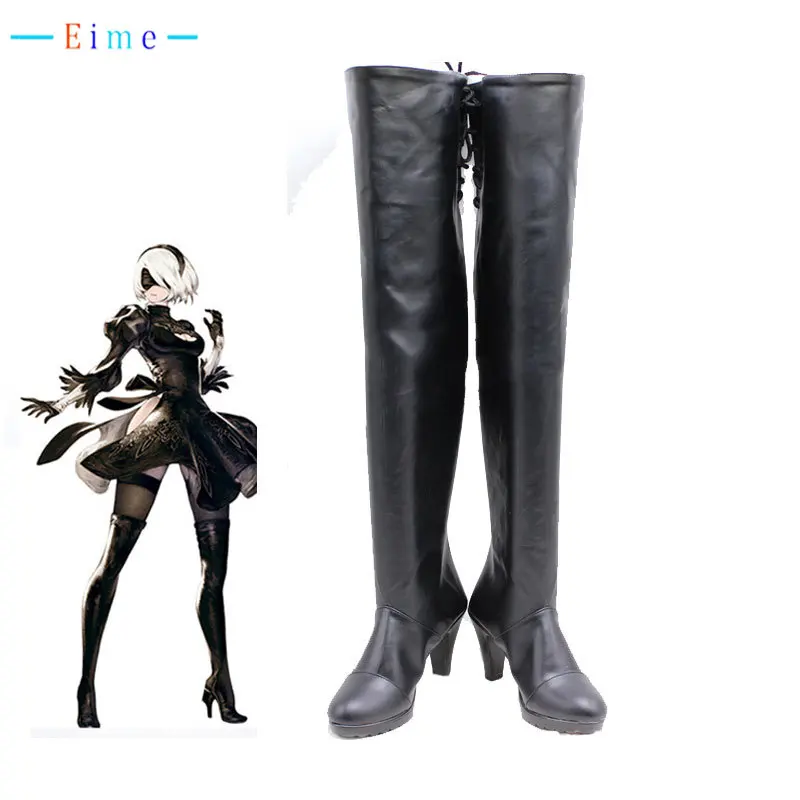 2B Cosplay Shoes Game NieR:Automata Cosplay Boots Black PU Leather Shoes Anime Accessories Halloween Carnival Props Custom Made