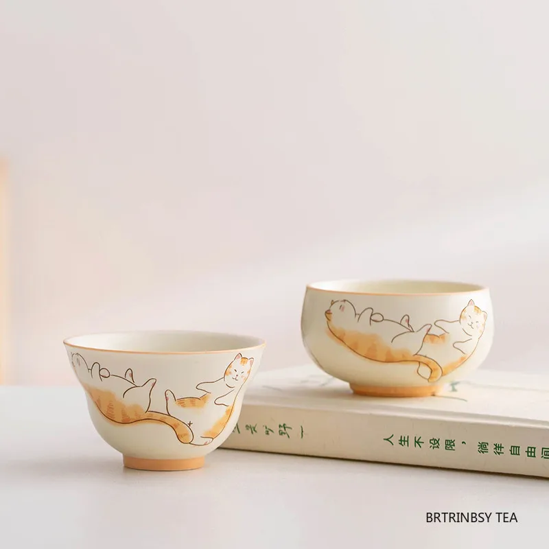 

1 Pc Chinese Cute Cat Pattern Ceramic Tea Cup Handmade Tea Bowl Portable Travel Teacup Household Personal Master Cup Teaware