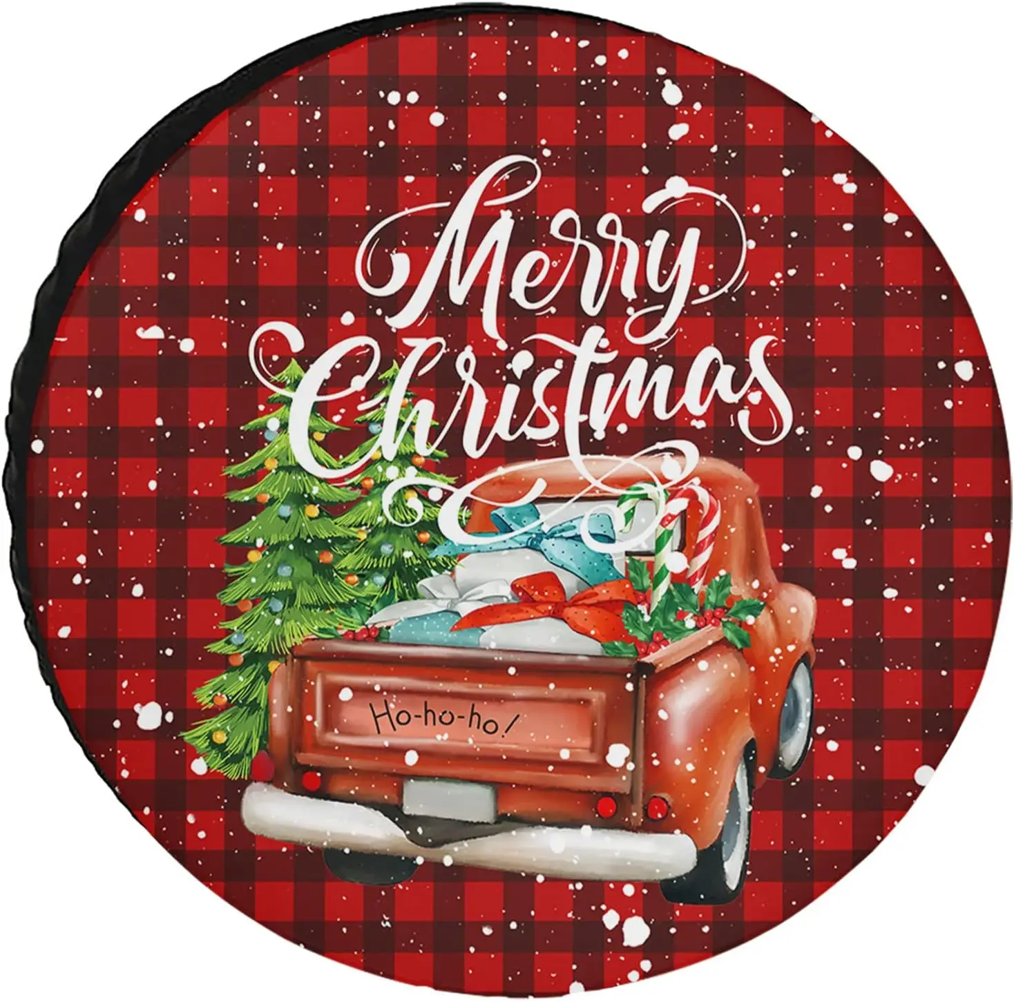 

Spare Tire Cover 16 Inch Christmas Tree Gift Truck Red Black Buffalo Plaid Universal Tire Wheel Protector Waterproof Dust-Proof