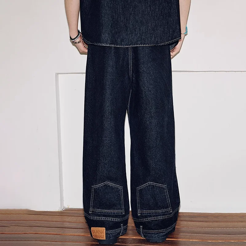 

Reverse Pocket Men Jeans Straight Wide Leg Reverse Design Pants Gothic Style Hip-Hop Streetwear Punk Denim Trousers Men's Jeans