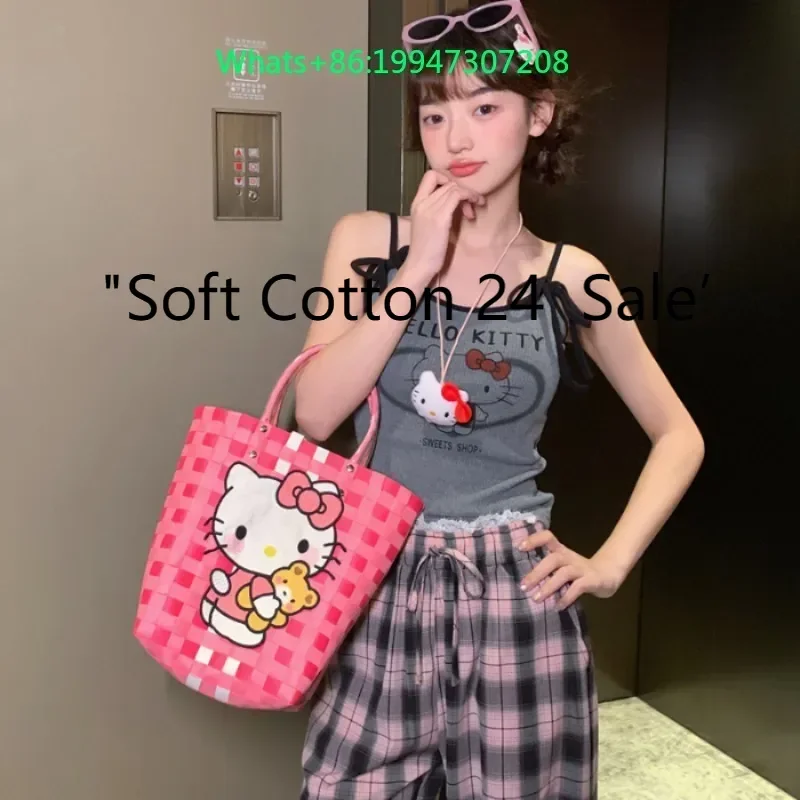 

New Hello Kitty pajamas summer sleeveless suspenders trousers two-piece set sweet with chest pad Hello Kitty women's loungewear