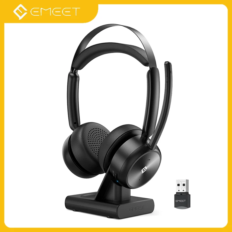 Wireless Headset with Microphone EMEET HS80 Bluetooth 5.2 Headsets with Charging Base Wireless Headphones for Office/Call Center