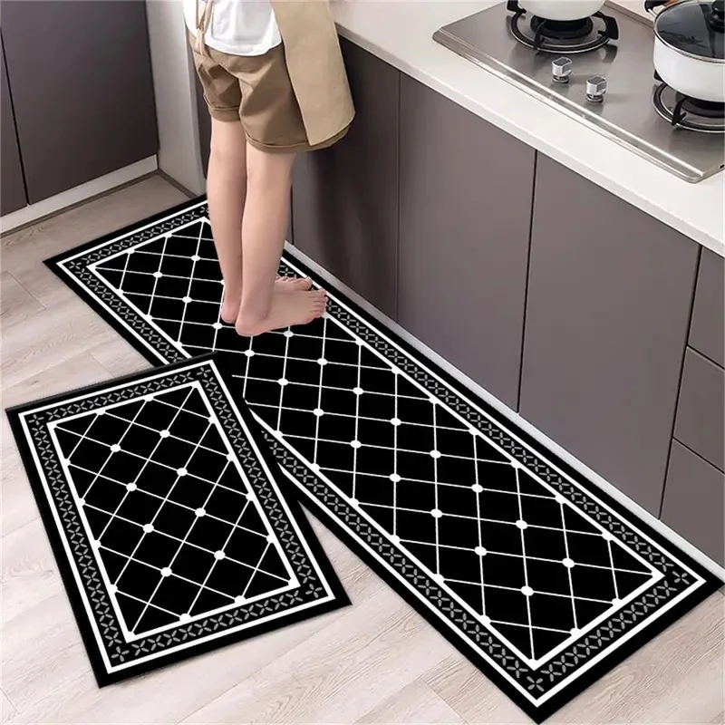 VIKAMA 2 Pcs Kitchen Rug Set Non-Slip Oil Proof Washable Black White Diamond Print Floor Mats for Kitchen Sink Laundry Room
