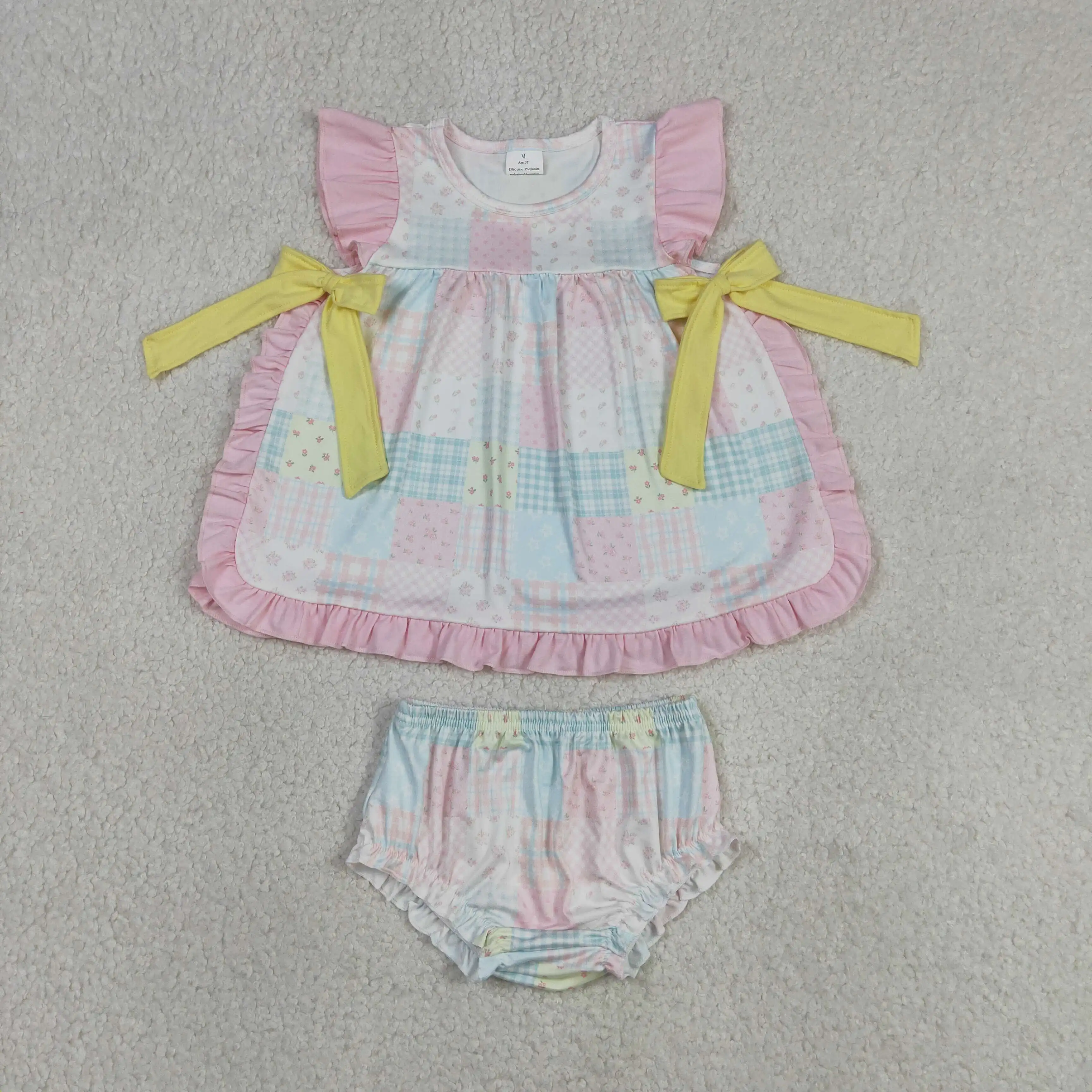 Wholesale Infant Baby Girl Plaid Outfit Toddler Kids Short Sleeves Flower Bows Tunic Set Bummie Shorts Children Summer Clothing